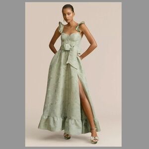 V. Chapman Veronica Corset Ruffle Side-Slit Dress in Light Green